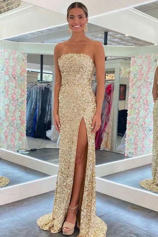 Vestido de fiesta de sirena sin tirantes, con lentejuelas y hombros descubiertos, espalda descubierta y abertura